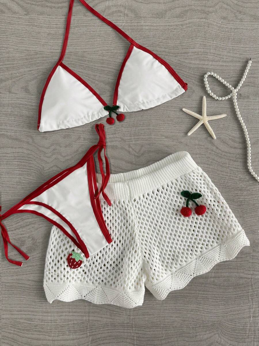 Sweetra 女士时尚可爱性感沙滩镂空樱桃针织毛衣短裤套装，夏季 - 白色 - 查看 1