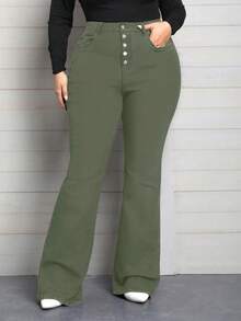 EMERY ROSE Plus Size Women Elastic Waist Jeans, Multiple Button Design Skinny Flare Pants - Army Green - View 1
