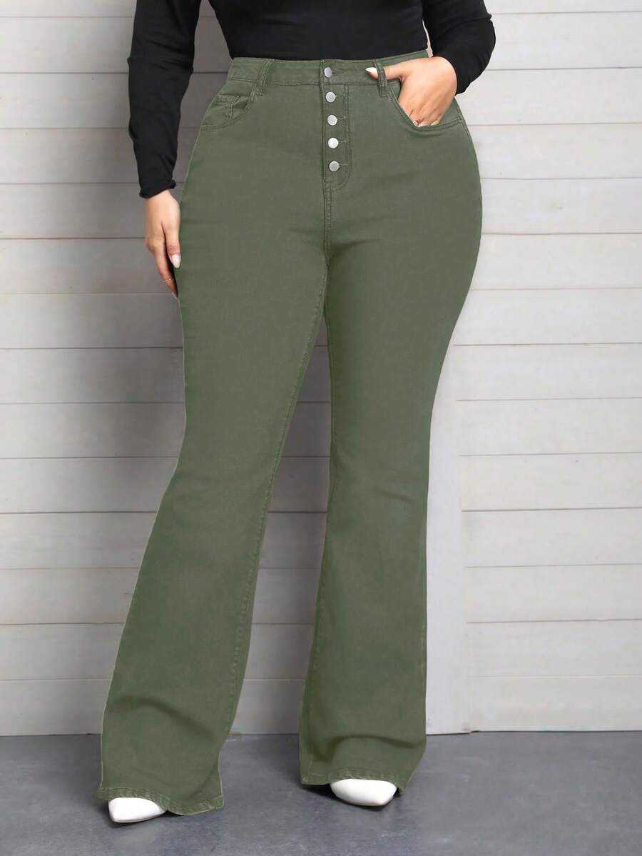 EMERY ROSE Plus Size Women Elastic Waist Jeans, Multiple Button Design Skinny Flare Pants - Army Green - View 1