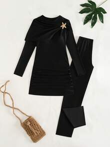 Swim Shayni 女士优雅雪纺海星装饰披肩+连衣裙+喇叭裤三件套泳衣套装，黑色沙滩比基尼，夏季 - 黑色 - 查看 3