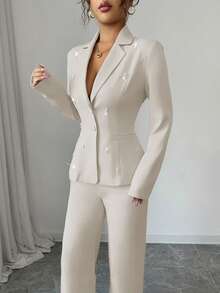 Elenzga Bộ vest thanh lịch dành cho nữ có cổ ve, tay dài, đính ngọc trai, áo suông và quần ống đứng - Màu be - Xem 4