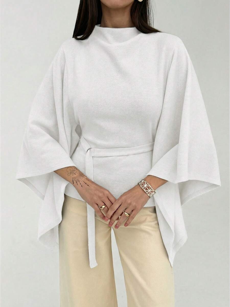 Aloruh 女士优雅通勤纯色喇叭袖上衣 - 白色 - 查看 1