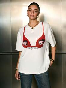 Betty Boop x SHEIN Women's Casual Bra Printed Drop Shoulder T-Shirt, Summer - White - View 7