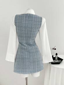 Elamini Women's Elegant Button Design Long Sleeve 2 In 1 Commuter Dress