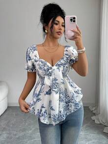 Elenzga Women's Blue Floral Print Textured Fabric Shirt With Bow Tie Collar, Ruffle Back Design, Asymmetric Hem, Elegant Casual Vacation Style, Suitable For Teachers, Students, Holidays, Travel, Photography, Spring/Summer - Multicolor - View 4