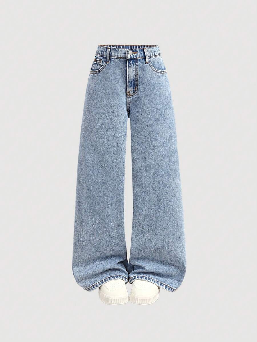 Tween Girls Fashion Casual Versatile Leopard Bow Print Wide Leg Jeans - Blue - View 1