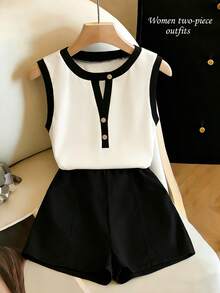 Franclia 新款女士时尚休闲金色纽扣无袖黑白撞色上衣+黑色百搭长裤套装，春夏休闲通勤装 - 黑色 - 查看 1