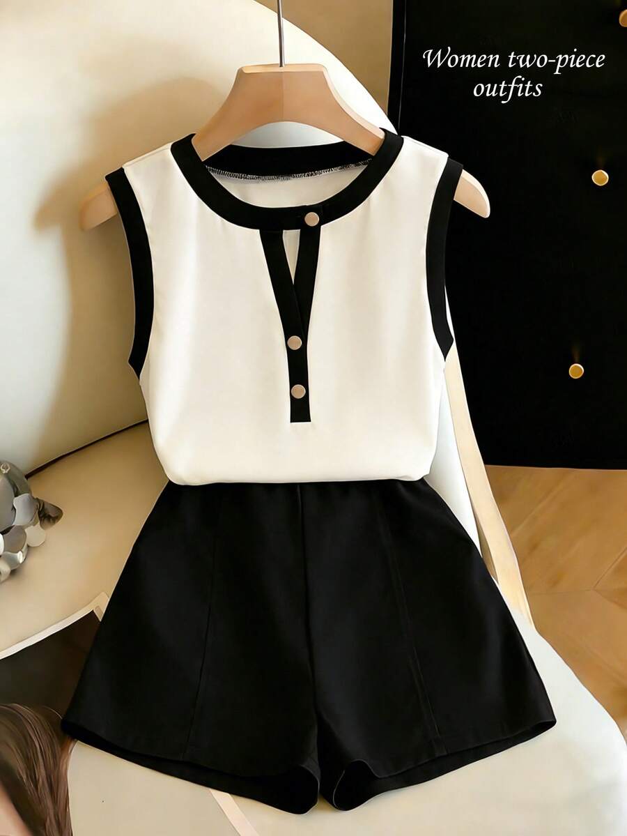 Franclia 新款女士时尚休闲金色纽扣无袖黑白撞色上衣+黑色百搭长裤套装，春夏休闲通勤装 - 黑色 - 查看 1