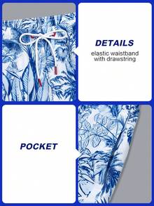 Manfinity Swimmode 男士热带印花抽绳腰带沙滩短裤，夏季 - 藍色 - 查看 8