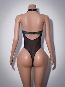 AltCore Fashionable Pioneer Zipper Colorful Leather Contrast Mesh Sexy Jumpsuit - Black - View 2