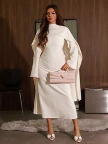 DAZY 春夏白色披肩连衣裙套装，优雅修身腰身休闲装，喇叭袖设计，饰以珍珠，适合约会、婚礼、通勤等场合。 - 米色 - 查看 4