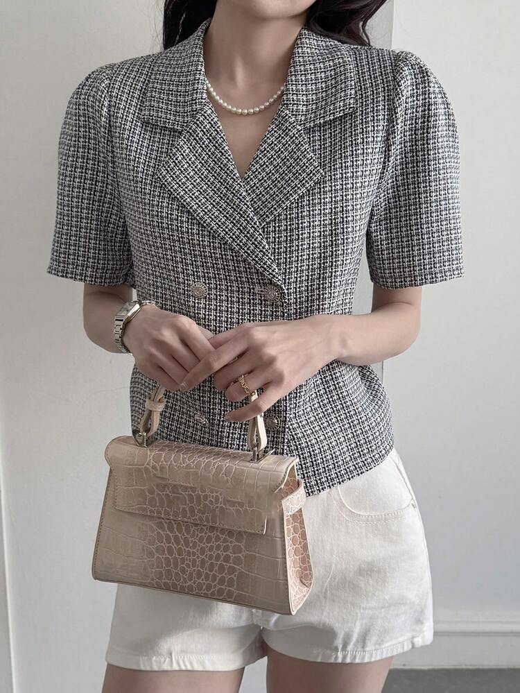 Women's Loose Business Casual Plaid Striped Color Block Short Jacket Cardigan Shirt, Suitable For Spring And Summer Office Wear