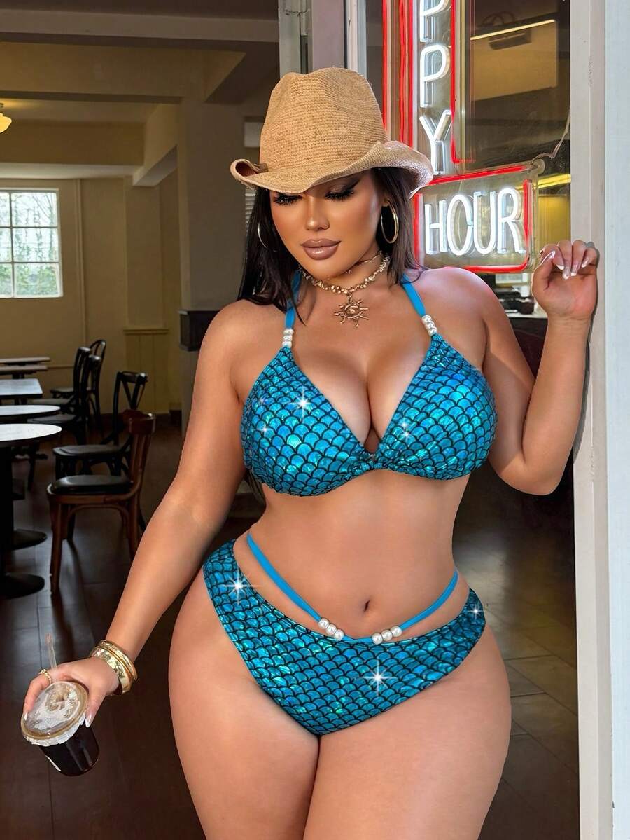 Swim SXY Plus Size Women Fish Scale Wave Faux Pearl Starry Sky Beach Resort Bikini Set - Blue - View 1