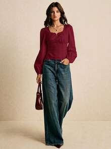 Poéselle 女士优雅方领扭结灯笼袖修身衬衫，适合工作和通勤，春秋季 - 酒紅色 - 查看 5