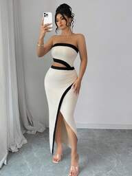 Elenzga Plus Size Women's Elegant Cocktail Party Dress, Contrast Color Trim, Waist Cutout, Slit Hem, Bodycon