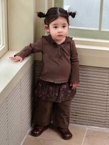 Dazy Kids Baby Girl Casual Loose 2 In 1 Floral Print Straight Leg Pants - Coffee Brown - View 5