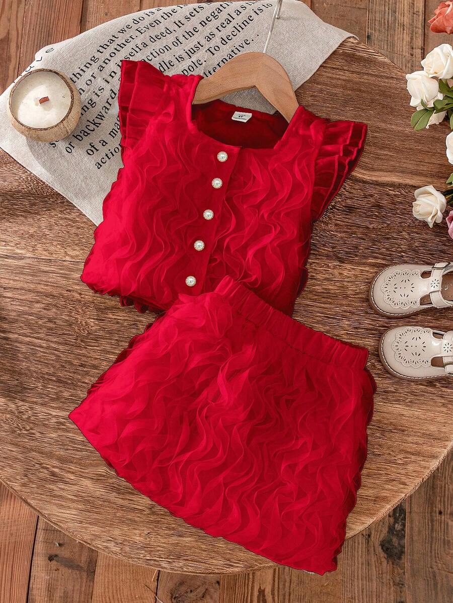SHEIN Elladie kids 两件套少女时尚碎花荷叶袖法式衬衫上衣+半裙可爱甜美套装,夏季 - 紅色 - 查看 1