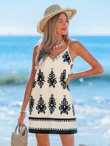 Sylviya Spring Retro Printed Blue Slip Dress For Women, Mini,Bohemia,Summer Dresses For Women, Christmas,Vacation - Apricot - View 4