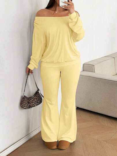 Sunnyshic Plus Size Women 1-Shoulder Top And Flare Pants 2 Pieces Set