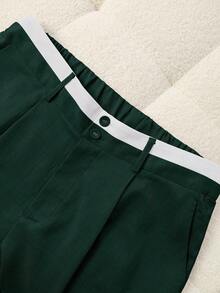 SHEIN PETITE Plus Size Women Contrast Waistband Straight Leg Pants - Dark Green - View 6