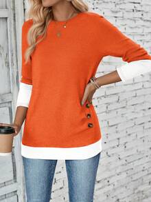 EMERY ROSE Women Casual Contrast Color Patchwork 2 In 1 T-Shirt, Autumn Graphic Tees Women Tops - Orange - View 6