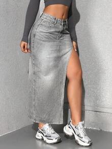 Jeanoix 女士休闲水洗牛仔开衩半身裙，夏季 - 淺灰紫 - 查看 7