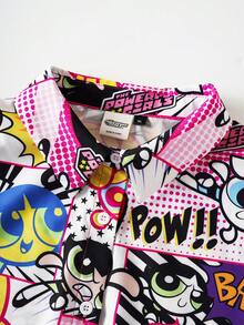 THE POWERPUFF GIRLS X SHEIN Chemise d'été décontractée grande taille à imprimé tout-sur-tout avec boutons devant et manches courtes - Multicolore - Voir 5
