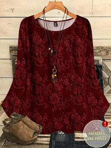 EMERY ROSE Plus Size Women Casual All-Over Print Round Neck Loose 3/4 Sleeve Shirt, Autumn/Winter Valentine's Day - Burgundy - View 1