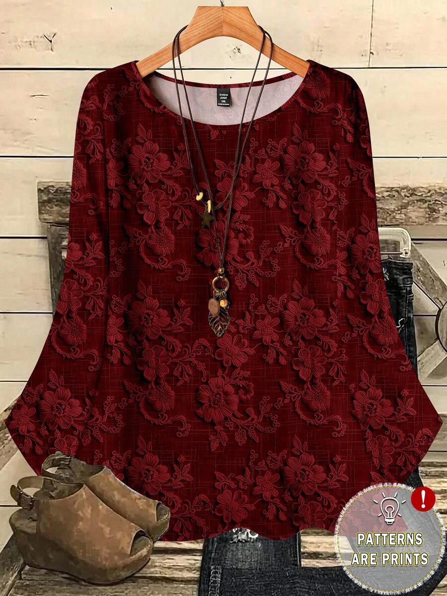 EMERY ROSE Plus Size Women Casual All-Over Print Round Neck Loose 3/4 Sleeve Shirt, Autumn/Winter Valentine's Day - Burgundy - View 1