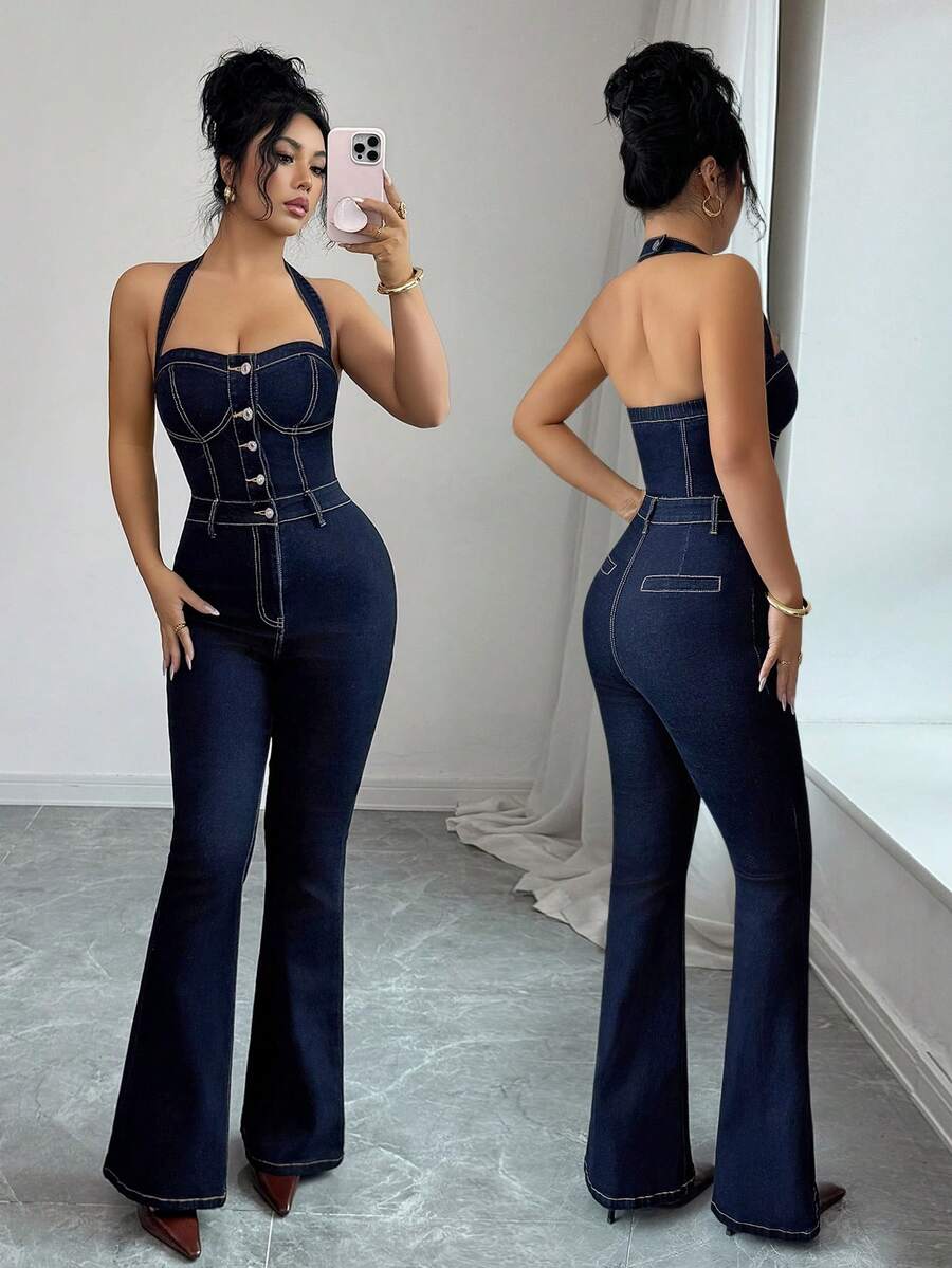Elenzga 性感露背弹力修身牛仔连体裤，吊带抹胸上衣搭配喇叭裤