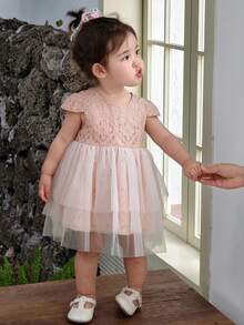 DAZY Toddler Girls' Round Neck Lace Casual Mesh Patchwork Party Birthday Short Sleeve Dress - Pink - View 10