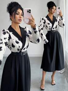 Elenzga Urban Chic New Women's Spring/Summer Floral Print Lapel Puff Sleeve Belted High Waist A-Line Midi Dress, Suitable For Daily Wear, Weddings, Galas, Commute, Graduation Parties, Holidays, Vacations, Dates, Parties, Halloween, Christmas, New Year, Thanksgiving