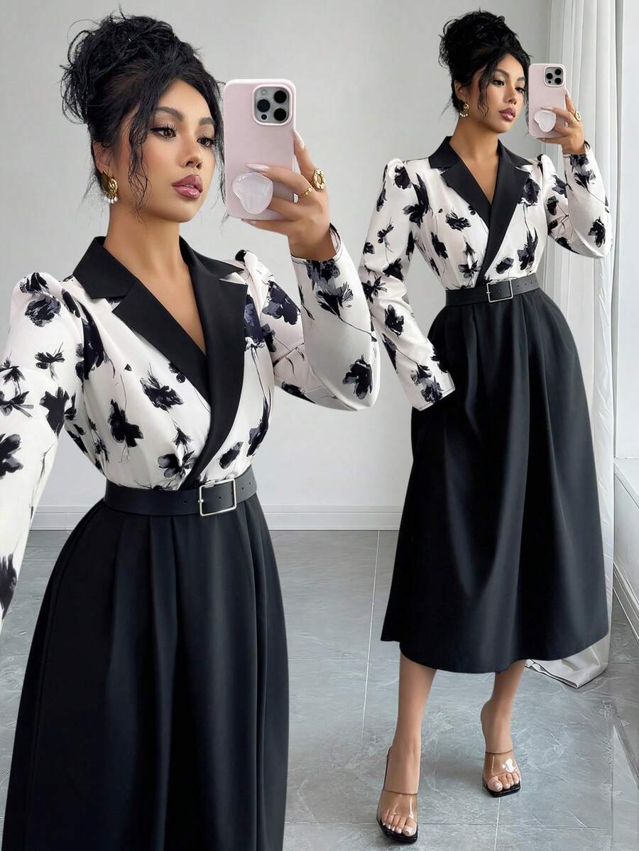 Elenzga Urban Chic New Women's Spring/Summer Floral Print Lapel Puff Sleeve Belted High Waist A-Line Midi Dress, Suitable For Daily Wear, Weddings, Galas, Commute, Graduation Parties, Holidays, Vacations, Dates, Parties, Halloween, Christmas, New Year, Thanksgiving