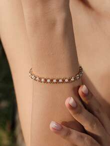 Opalesca 珍珠钻石手链，服饰，复古，婚礼/新娘配饰，仙女风/仙子风，珍珠，金属质感/纹理，秋冬，优雅，送给妈妈/女士/女孩/母亲，高级，复古，叠戴，水晶，黄金，串珠，情人节，礼物 - 金色 - 查看 2