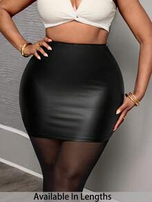 SHEIN PETITE CURVE Váy ngắn ôm sát cơ thể bằng da PU thời trang đa năng dành cho nữ cỡ lớn, thích hợp cho buổi hẹn hò hoặc buổi tối. - màu đen - Xem 9