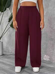 SHEIN PETITE CURVE Quần xếp ly màu trơn dành cho nữ cỡ nhỏ và cỡ lớn - Màu Đỏ Sâu - Xem 4