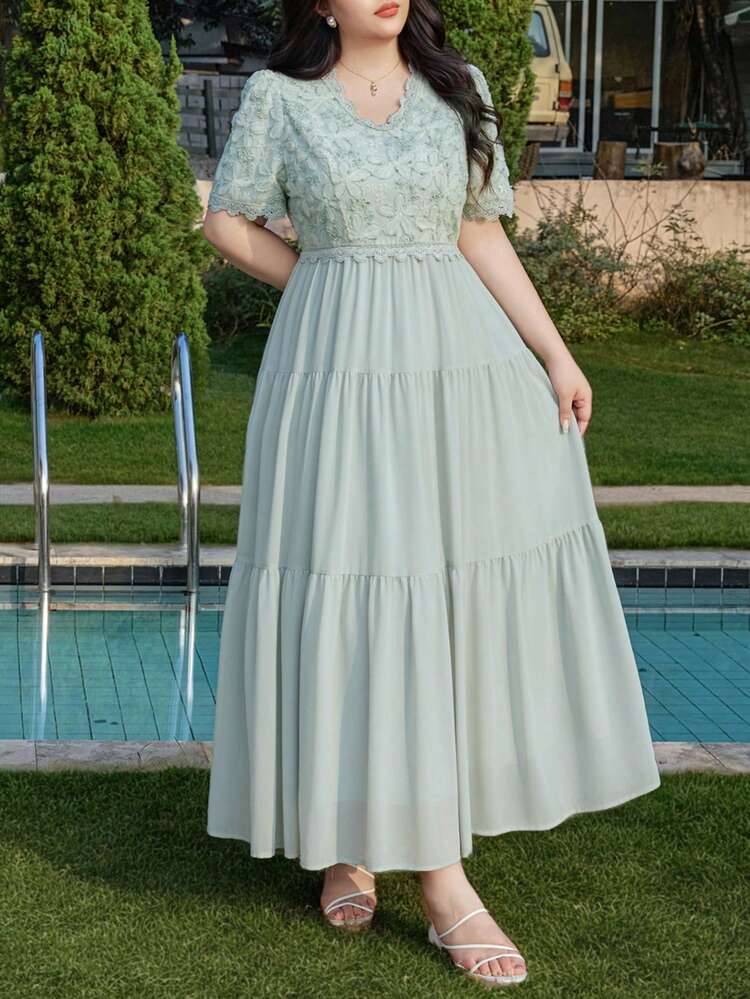 Dazy Plus V-Neck Lace & Floral Patchwork Short Sleeve Chiffon Waist Cinched Elegant Maxi Dress, Plus Size For Women, Spring/Summer Sundress