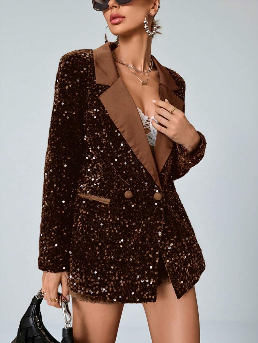Aveloria Modichic Stylish Design Loose Sequin Fabric Patchwork Blazer Jacket  - Brown - View 1
