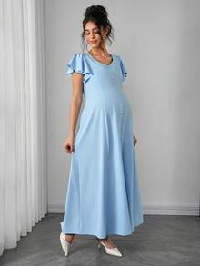 Momance Maternity Dress With Ruffle Short Sleeves, Diamond Neckline, Waist Seam Double Line, A-Line Hem, Front Button Design - Blue - View 4