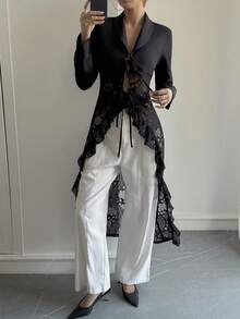 Livesso Black Lace Patchwork Mid-Length Shirt, Hollow Out Blouse, Elegant For Valentine's Day, Wedding, Party, Formal Occasion, Fashion, Commute, Tie-Up Women Blazer Jacket - Black - View 6