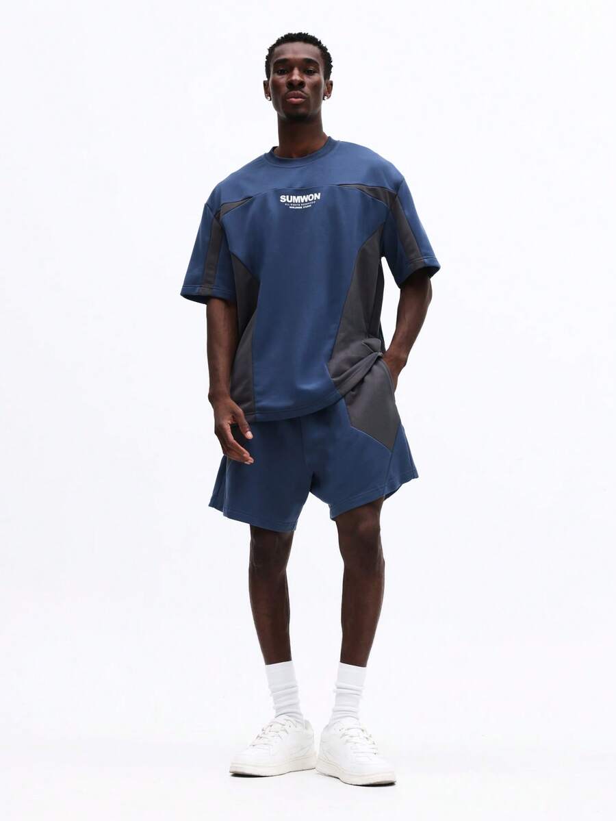 Casual Loose Fit Color Blocked T-Shirt And Shorts Co-Ord Set With Contrast Panel Details Short Sleeve Summer Outfit - Multicolor - View 1