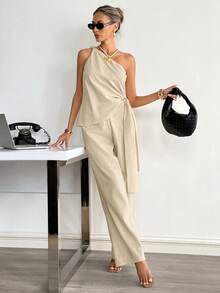 Siren Gaze Bộ trang phục nữ bằng cotton, kiểu dáng thường ngày, lệch vai, có khóa kim loại. - Màu be - Xem 5