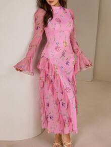 Graceveil Vestido elegante y modesto con estampado floral, volantes en el bajo y cintura con lazo - Rosa - Ver 3