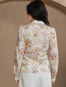 DAZY Damen elegante Bluse mit Blumenmuster und Puffärmeln, Frühling - Aprikosenfarben - Übersicht 2