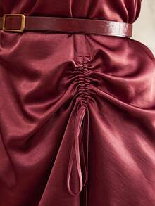 VOLUPTÉ CURVE Plus Size Summer Burgundy Asymmetric Cape Top With Black Pants Two-Piece For Parties, Going Out, Receptions, Graduation, Birthdays - Rust Brown - View 7