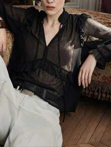 Maija 女士优雅纯色荷叶边下摆长袖衬衫，春夏，长袖上衣