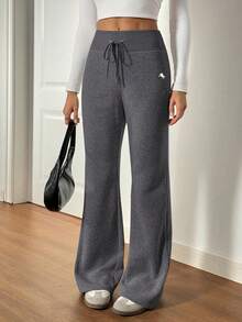 SHEIN Tall Women's Embroidery Flare Pants, Fashionable Design Suitable For Summer - Dark Grey - View 7