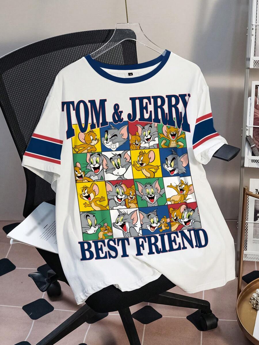 TOM & JERRY X SHEIN 加大码夏季休闲撞色卡通字母图案短袖T恤 - 白色 - 查看 1