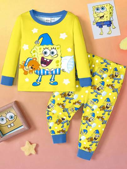 SpongeBob SquarePants | SHEIN Set de pijama de 2 piezas con parte superior de manga larga con cuello redondo y pantalones, con estampado de dibujos animados para bebé niño, de punto cómodo y elástico con ajuste ceñido