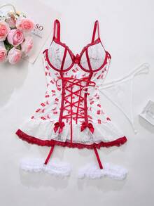 Eraneu 4件套彩色蕾丝拼接数码印花内衣套装 - 彩色 - 查看 6